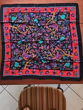 Symphony Scarf with Black & Red Border and Multicolor Vibrant Floral Tree Vines